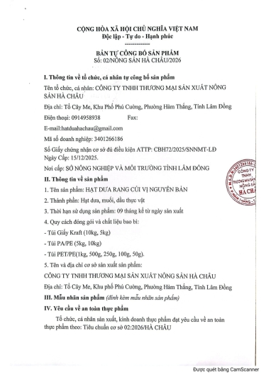 BẢN TỰ CÔNG BỐ  HẠT DƯA RANG CỦI NGUYÊN VỊ