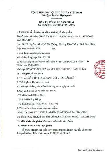 BẢN TỰ CÔNG BỐ HẠT DƯA VỊ BƠ